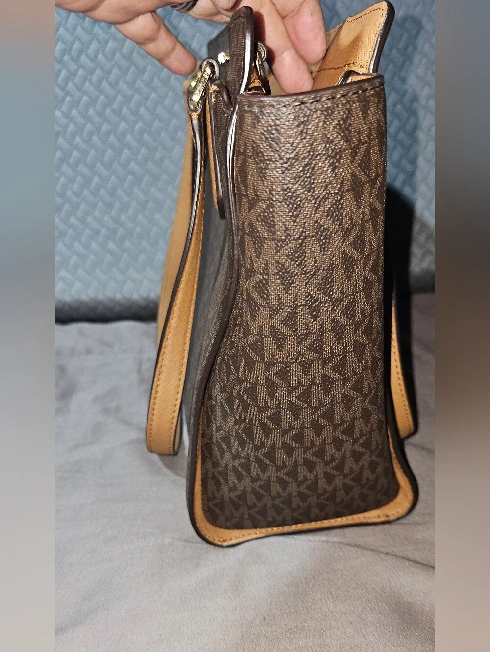 Authentic Michael Kors Brown MK Logo Tote with Tan Handles